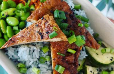 Ginger Sesame Tofu Bowls with Blue Hawaiian Rice, Edamame, Ginger Carrots & Zucchini Stir Fry
