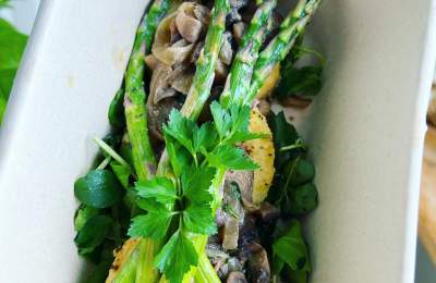 Polenta cakes over watercress, mushroom & spring onion ragout and asparagus