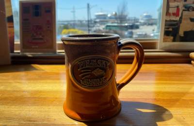 coffee mug overlooking martha's vineyard ferry